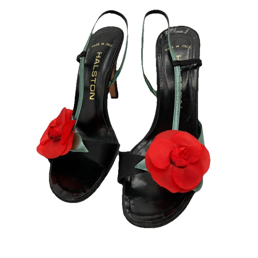 Sz 7 B - 7.5 ICONIC Vintage Halston Roses Disco Sandals 1970s Cocktail Evening